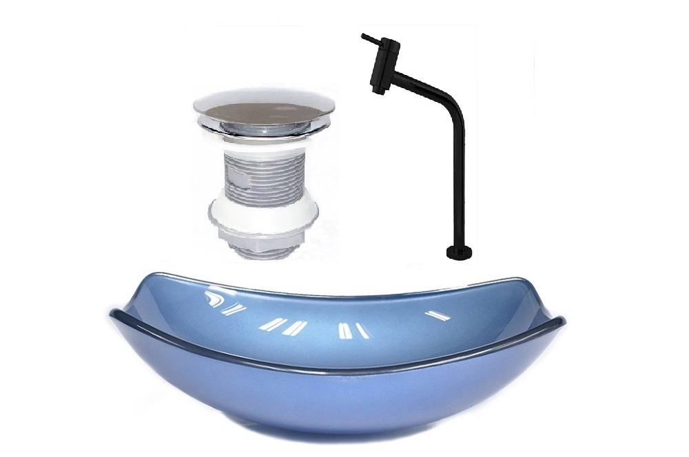 Cuba De Vidro Oval Chanfrada 46cm Azul + Valvula + Torneira Metal Preta