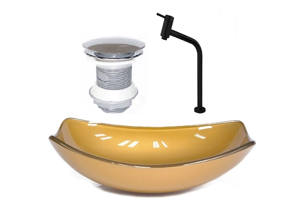 Cuba De Vidro Oval Chanfrada 46cm Dourado Real + Valvula + Torneira Metal Preta