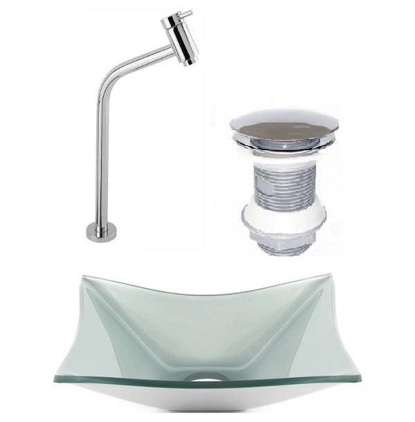 Cuba De Vidro Retangular 39cm Prata + Valvula Click + Torneira