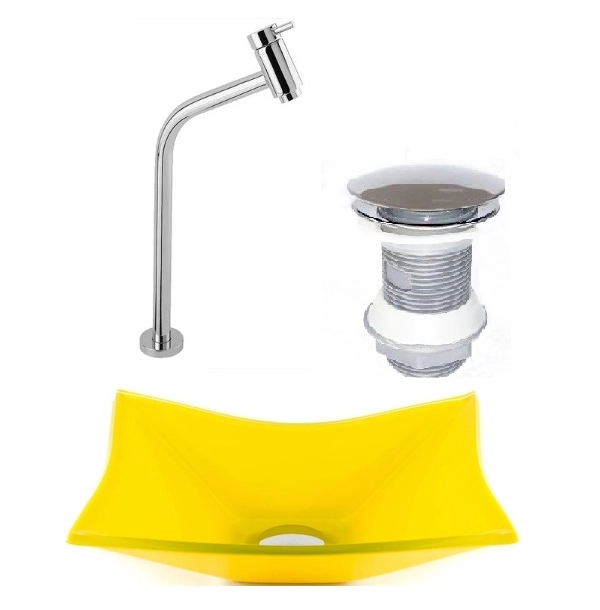 Cuba De Vidro Retangular 39cm Amarela + Valvula Click + Torneira