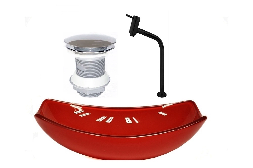 Cuba De Vidro Oval Chanfrada 46cm Vermelho Cereja + Valvula + Torneira Metal Preta