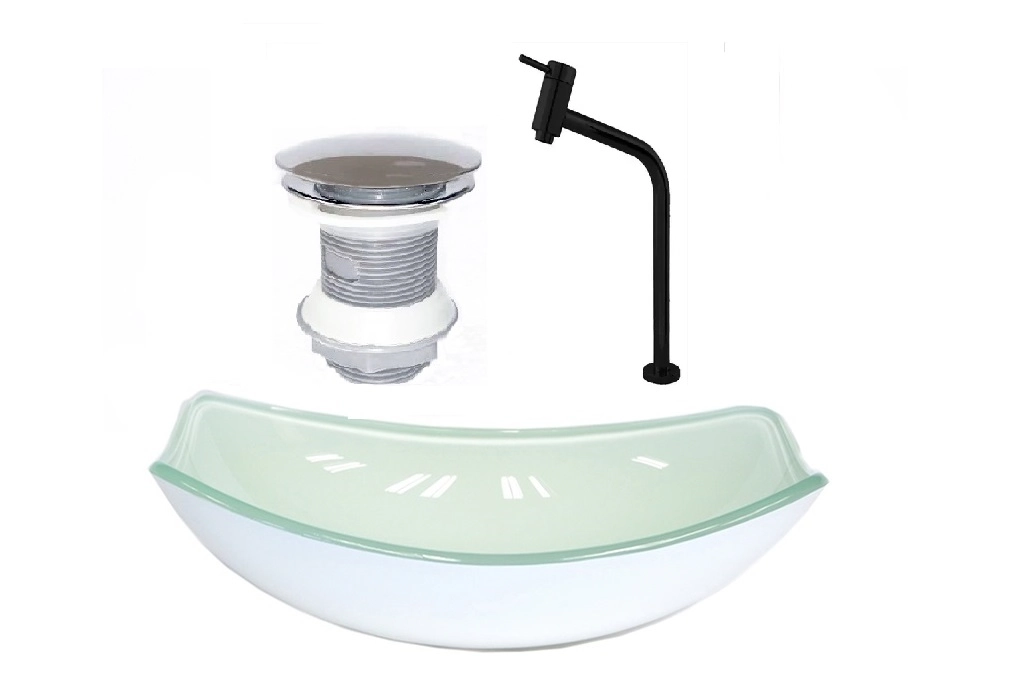 Cuba De Vidro Oval Chanfrada 46cm Branca + Valvula + Torneira Metal Preta