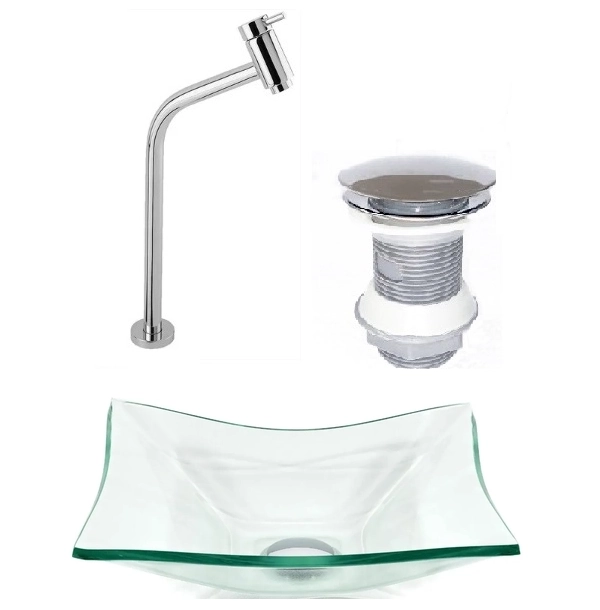 Cuba De Vidro Retangular 39cm Jateada + Valvula Click + Torneira