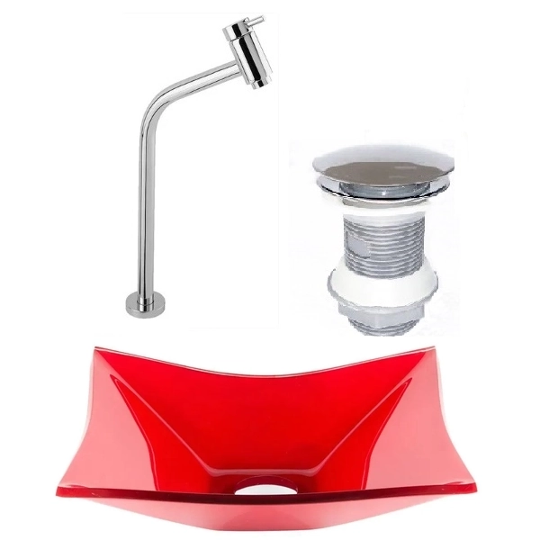 Cuba De Vidro Retangular 39cm Vermelho Ferrari + Valvula Click + Torneira