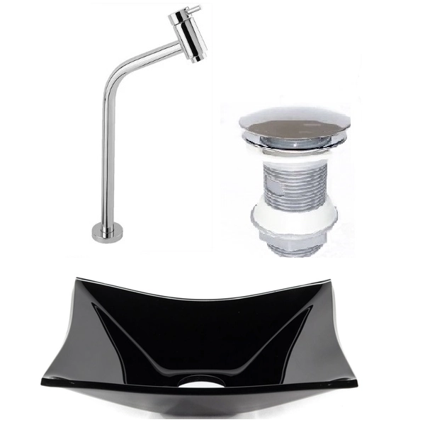 Cuba De Vidro Retangular 39cm Preta + Valvula Click + Torneira