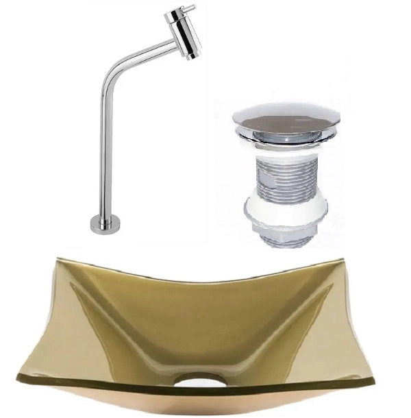 Cuba De Vidro Retangular 39cm Champanhe + Valvula Click + Torneira