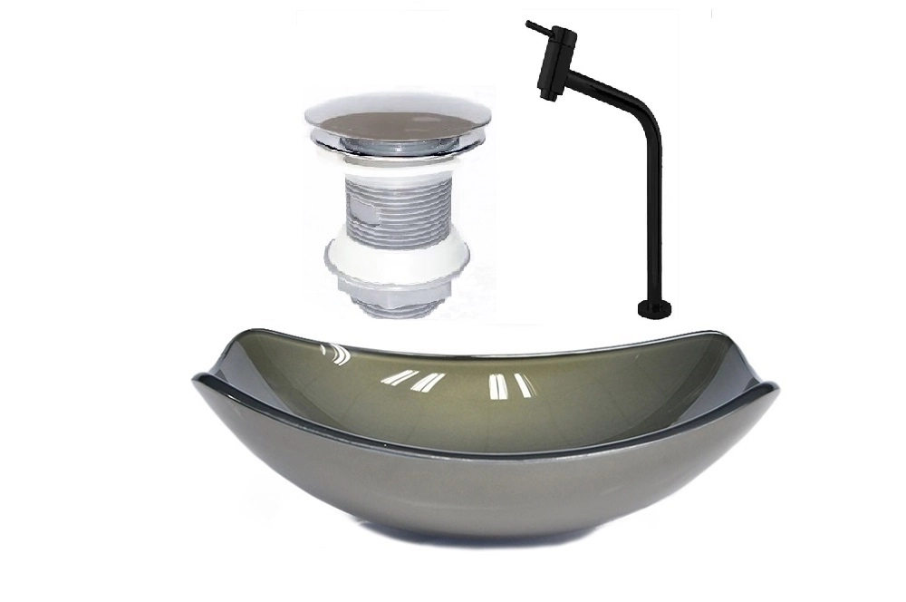 Cuba De Vidro Oval Chanfrada 46cm Ouro Envelhecido + Valvula + Torneira Metal Preta