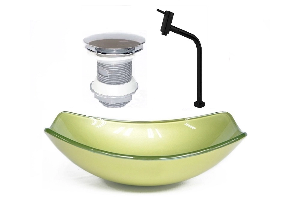 Cuba De Vidro Oval Chanfrada 46cm Verde Oliva + Valvula + Torneira Metal Preta