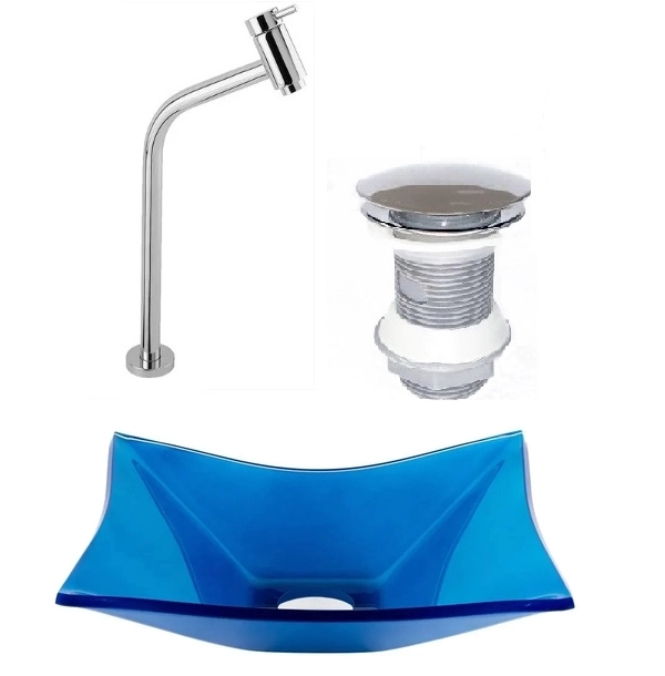 Cuba De Vidro Retangular 39cm Azul Escuro + Valvula Click + Torneira
