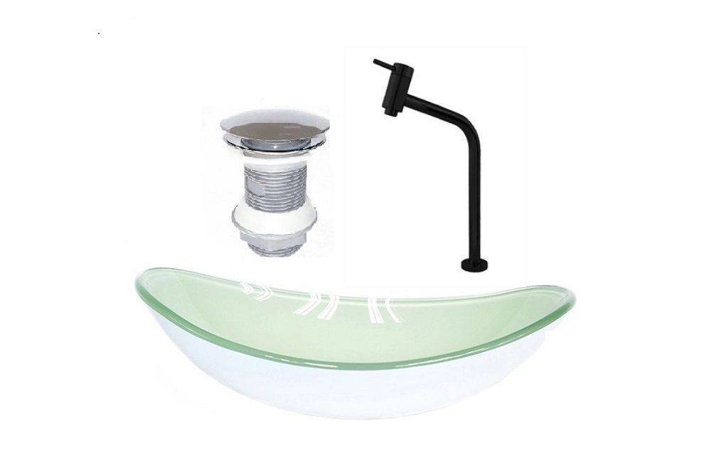 Cuba De Vidro Oval 47cm Branca + Valvula + Torneira Preta