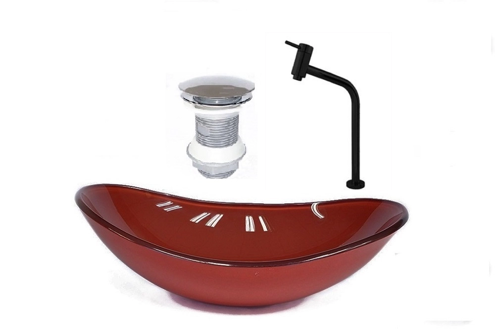 Cuba De Vidro Oval 47cm Vermelho Cereja + Valvula + Torneira Preta