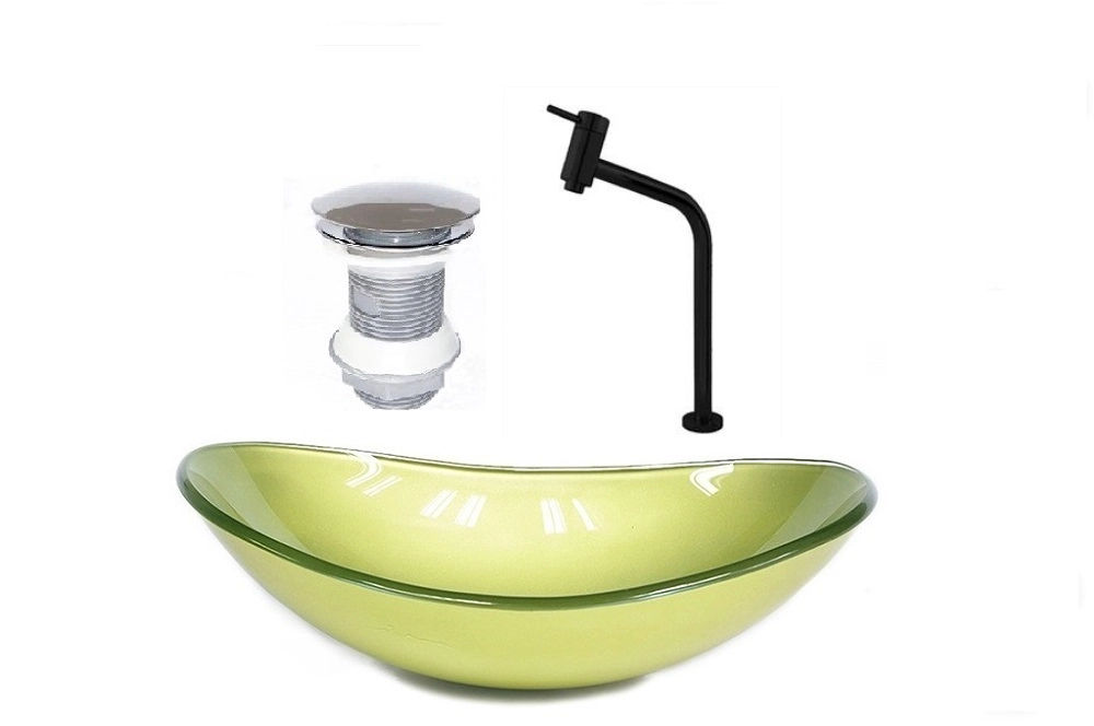 Cuba De Vidro Oval 47cm Verde Oliva + Valvula + Torneira Preta