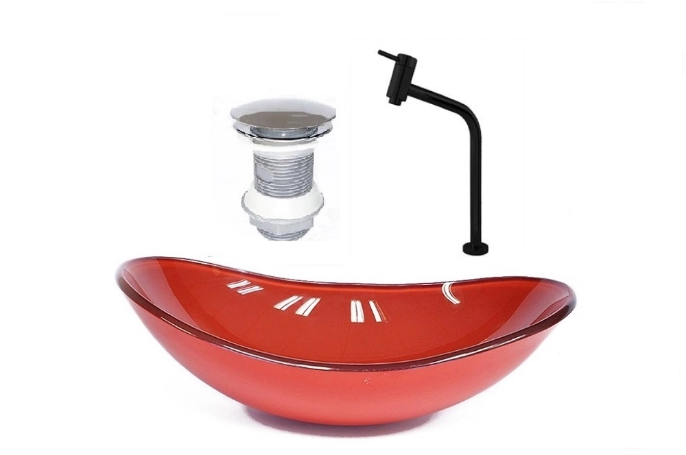 Cuba De Vidro Oval 47cm Vermelho Ferrari + Valvula + Torneira Preta