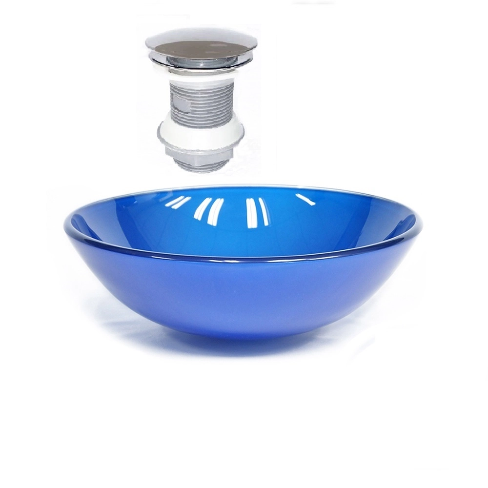 Cuba De Vidro Redonda 42cm Azul Escuro + Válvula Click
