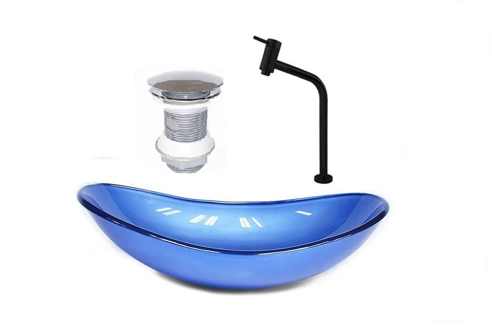 Cuba De Vidro Oval 47cm Azul Escuro + Valvula + Torneira  Preta