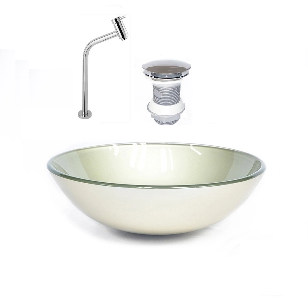 Cuba De Vidro Redonda 42cm Champanhe + Valvula + Torneira Cromada