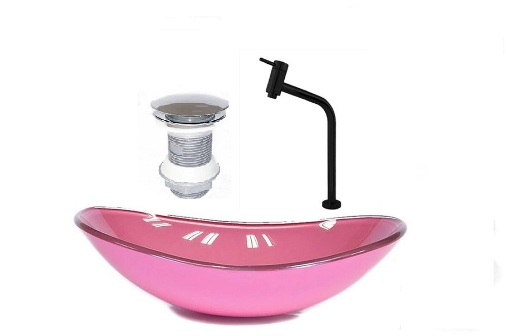 Cuba De Vidro Oval 47cm Rosa + Valvula + Torneira Preta