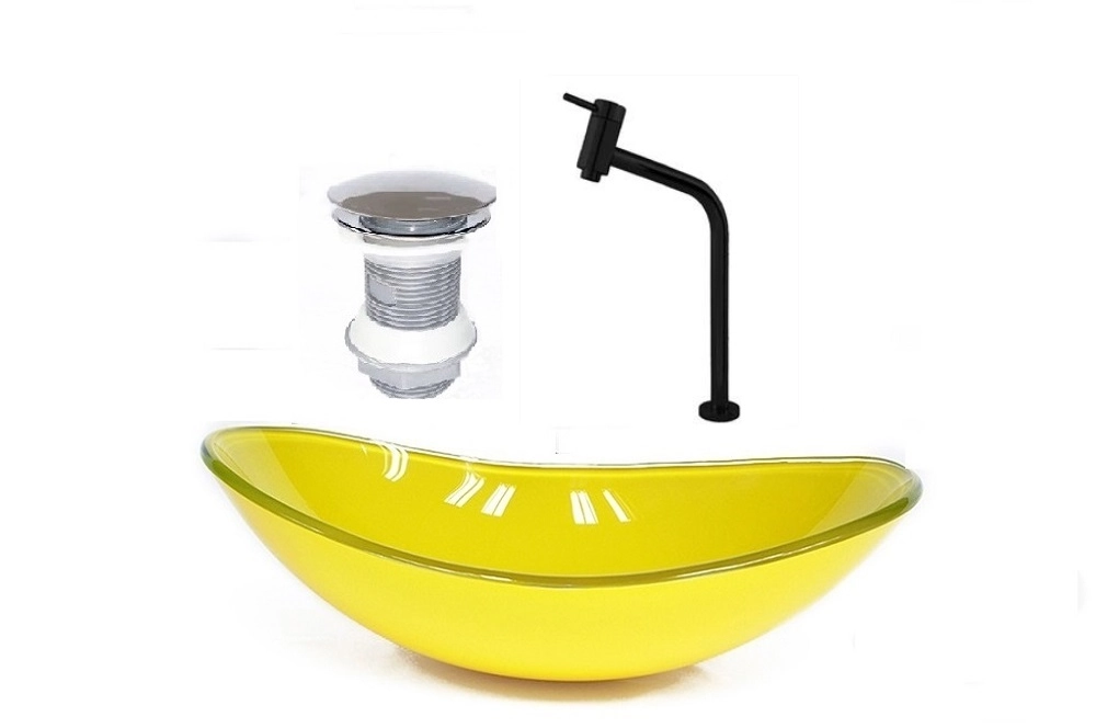 Cuba De Vidro Oval 47cm Amarela + Valvula + Torneira  Preta