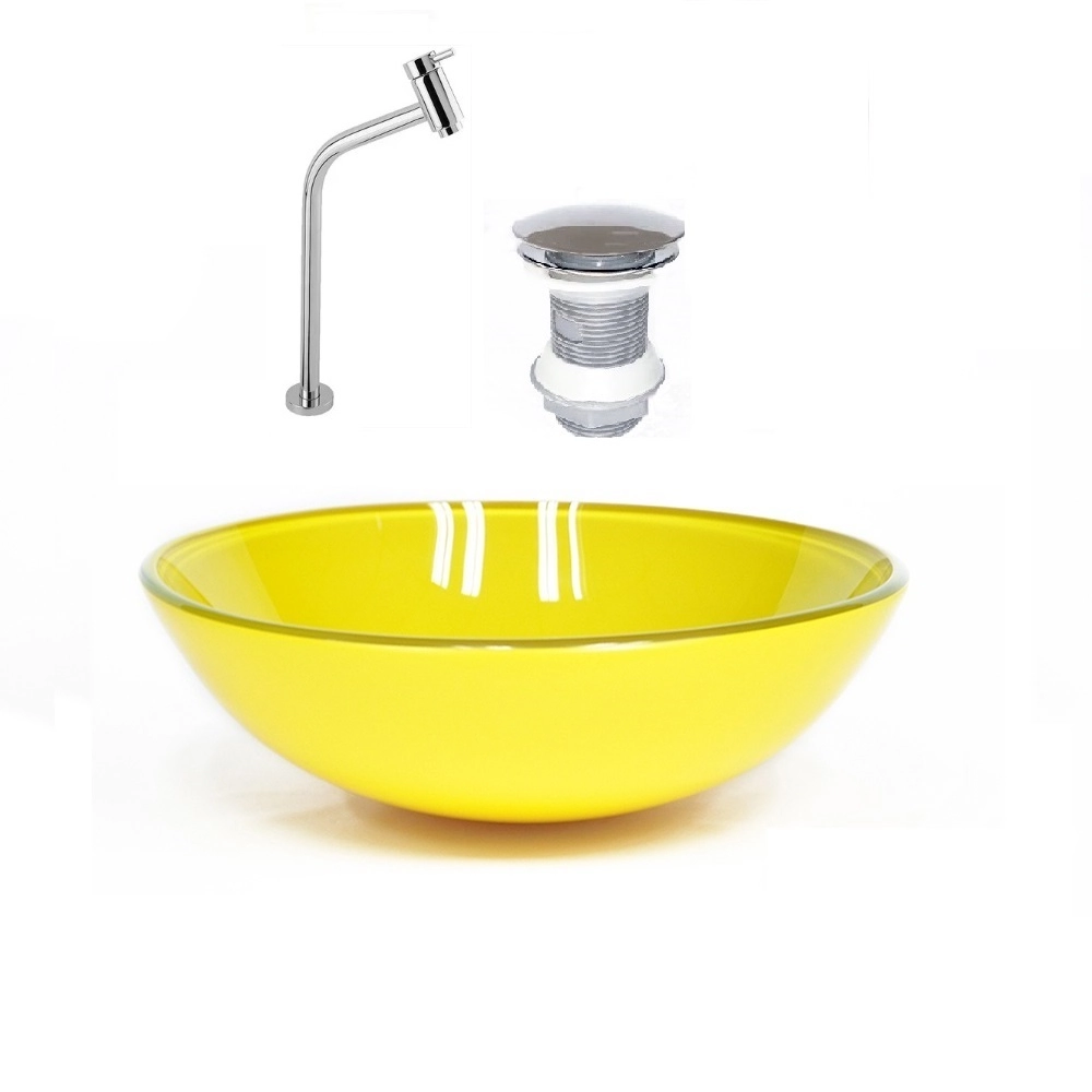 Cuba De Vidro Redonda 42cm Amarela + Valvula + Torneira Cromada