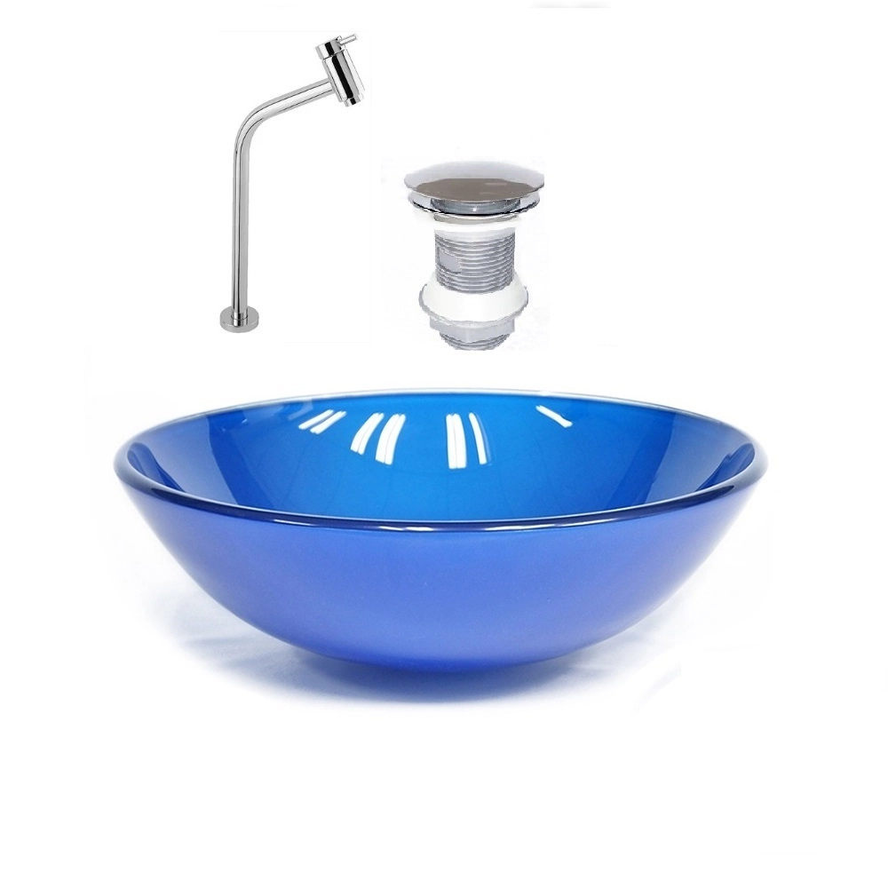 Cuba De Vidro Redonda 42cm Azul Escuro + Valvula + Torneira Cromada