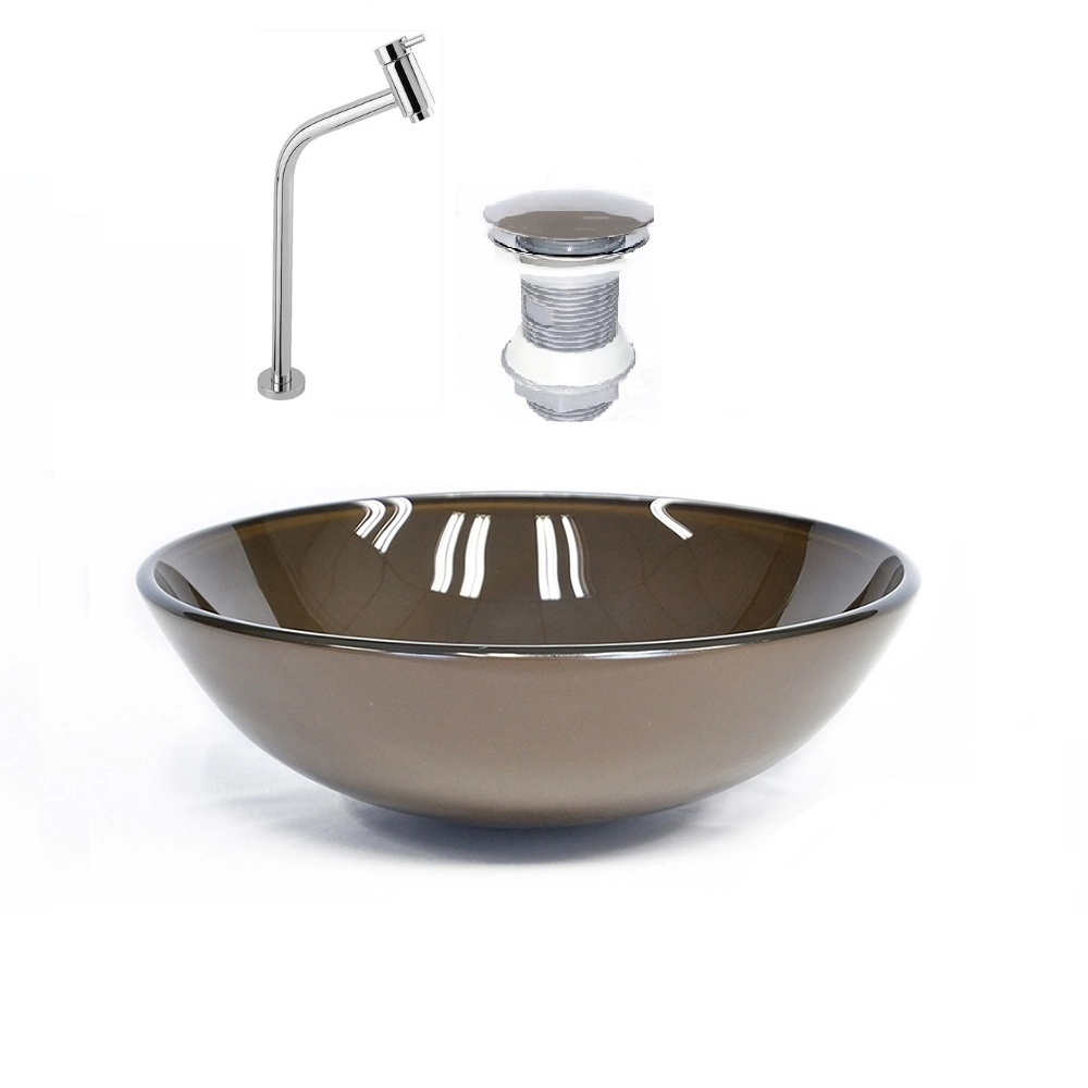 Cuba De Vidro Redonda 42cm Marrom + Valvula + Torneira Cromada