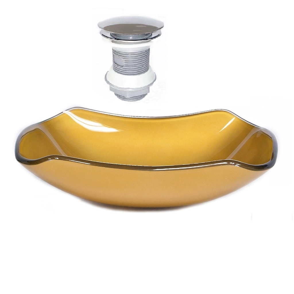 Cuba De Vidro Abaulada 51cm Dourado Real + Valvula Click