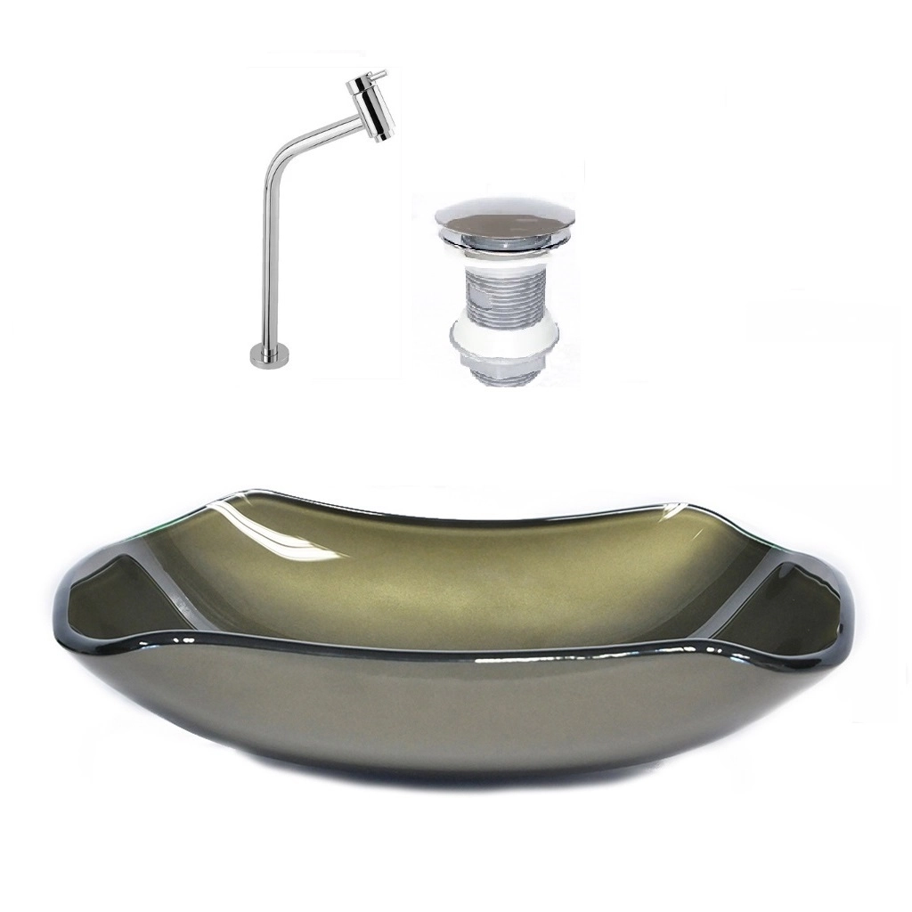 Cuba De Vidro Abaulada 51cm Ouro Envelhecido + Valvula + Torneira