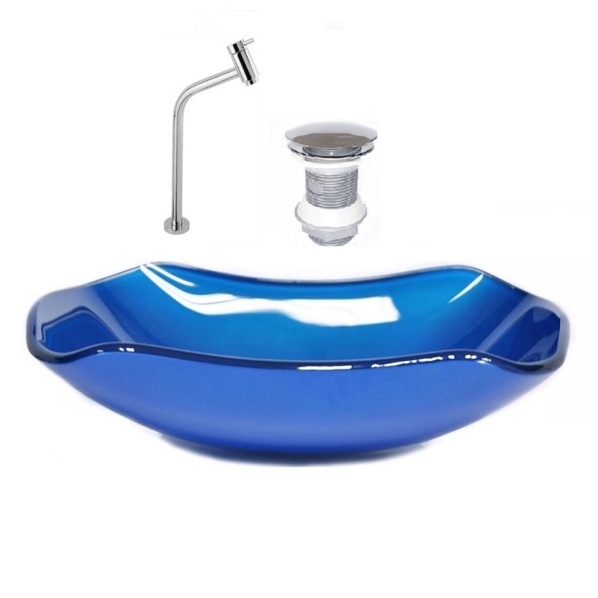 Cuba De Vidro Abaulada 51cm Azul Escuro + Valvula + Torneira