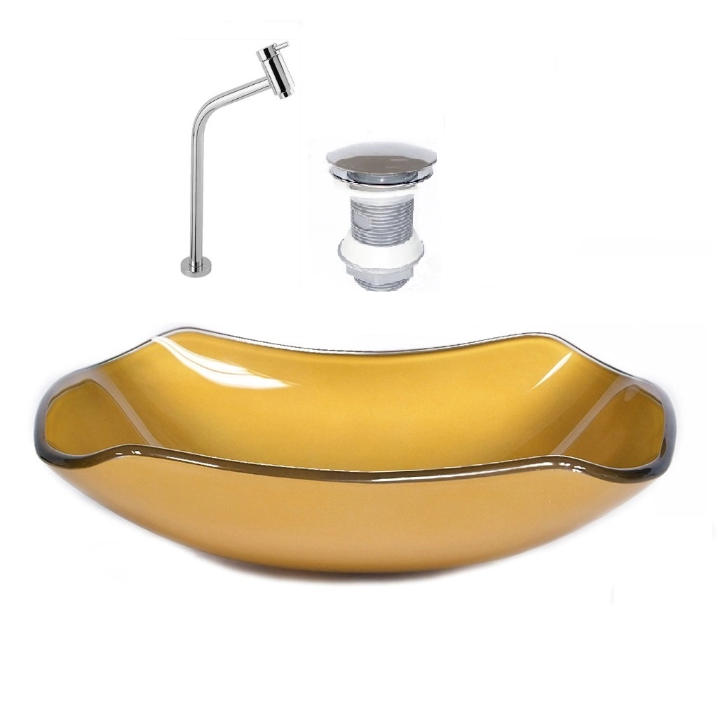 Cuba De Vidro Abaulada 51cm Dourado Real + Valvula + Torneira