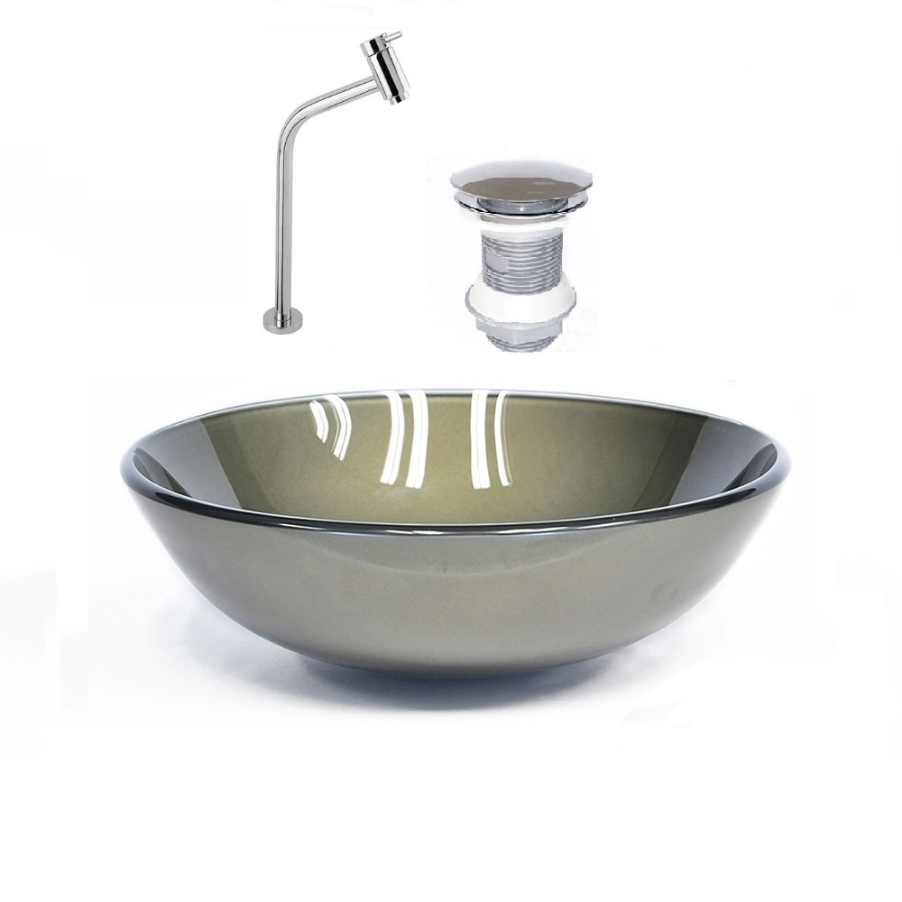 Cuba De Vidro Redonda 42cm Ouro Envelhecido + Valvula + Torneira Cromada