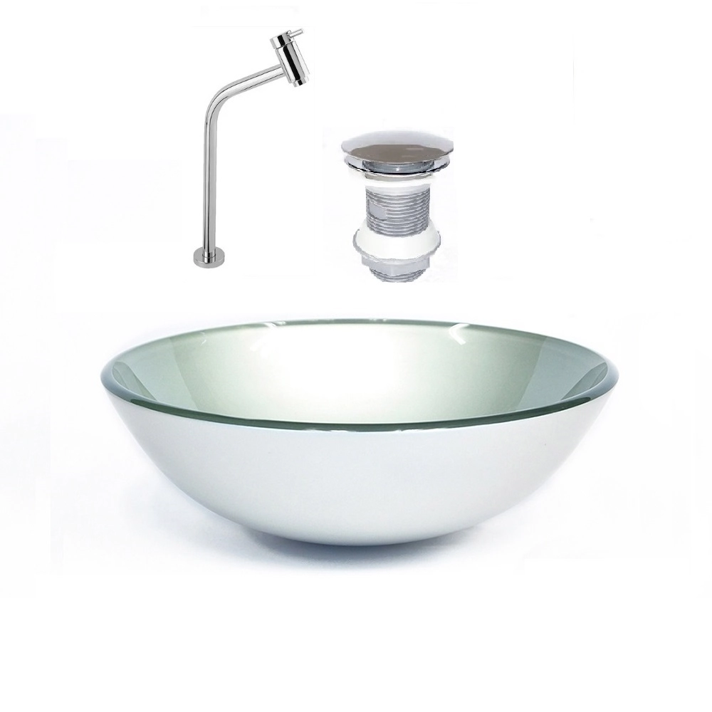 Cuba De Vidro Redonda 42cm Prata + Valvula + Torneira Cromada