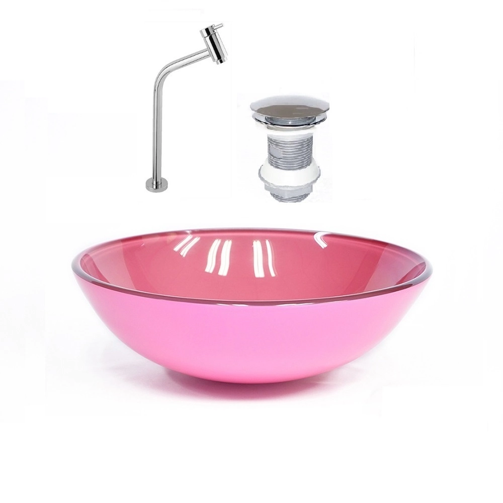Cuba De Vidro Redonda 42cm Rosa + Valvula + Torneira Cromada