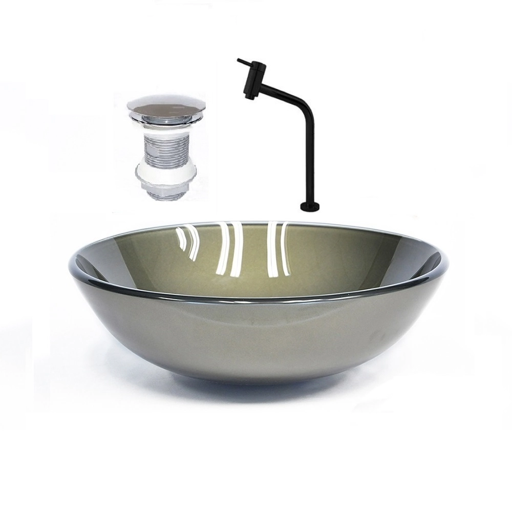 Cuba De Vidro Redonda 42cm Ouro Envelhecido + Valvula + Torneira Preta