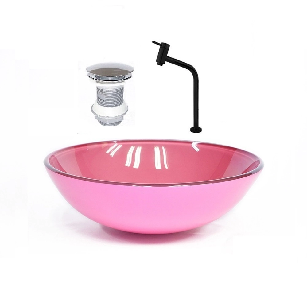 Cuba De Vidro Redonda 42cm Rosa + Valvula + Torneira Preta