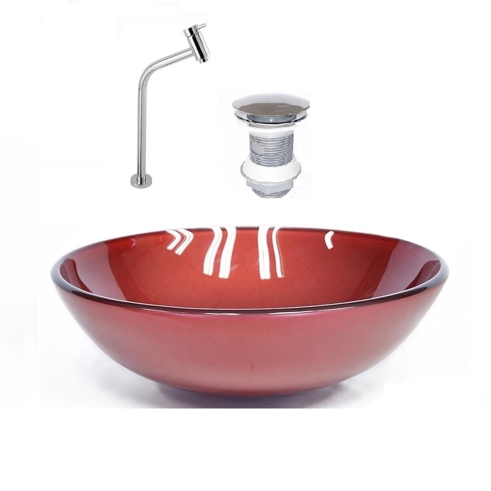 Cuba De Vidro Redonda 42cm Vermelho Cereja + Valvula + Torneira Cromada