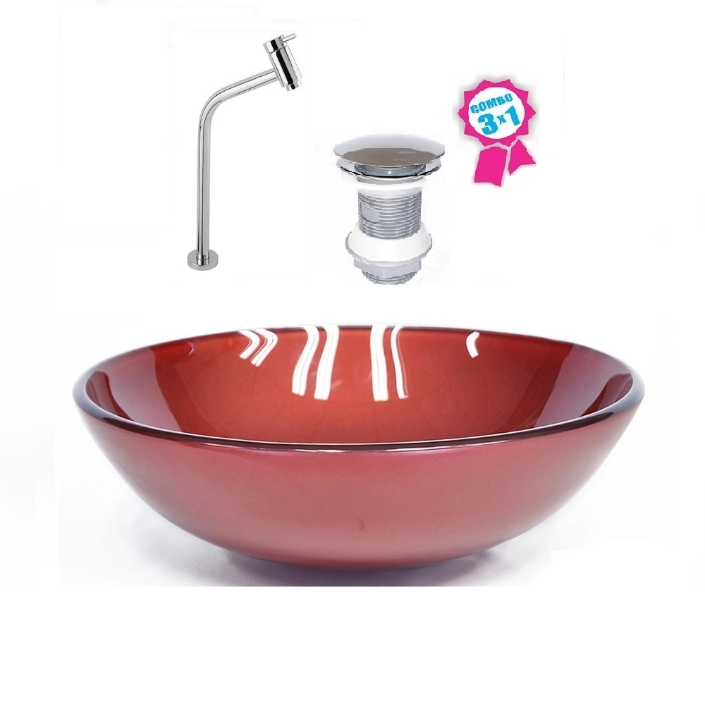Cuba De Vidro Redonda 31cm Vermelho Cereja + Válvula Click + Torneira De Metal