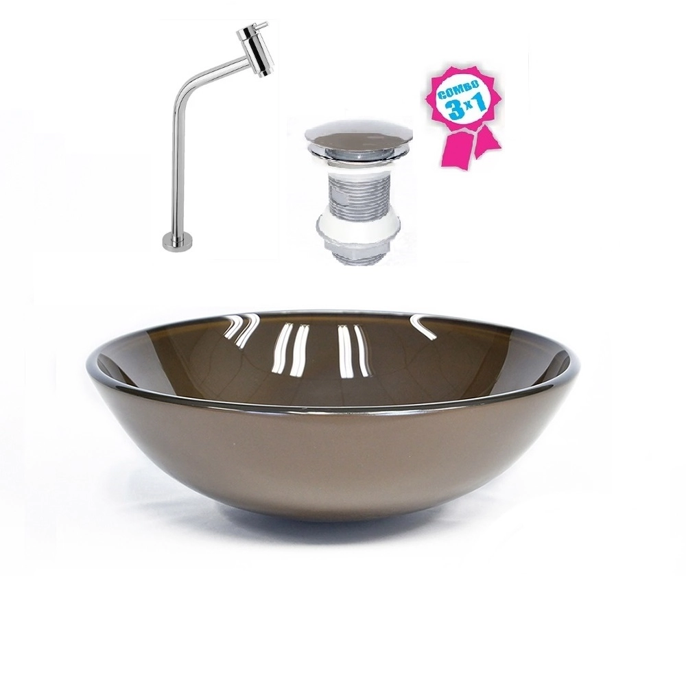 Cuba De Vidro Redonda 31cm Marrom + Válvula Click + Torneira De Metal