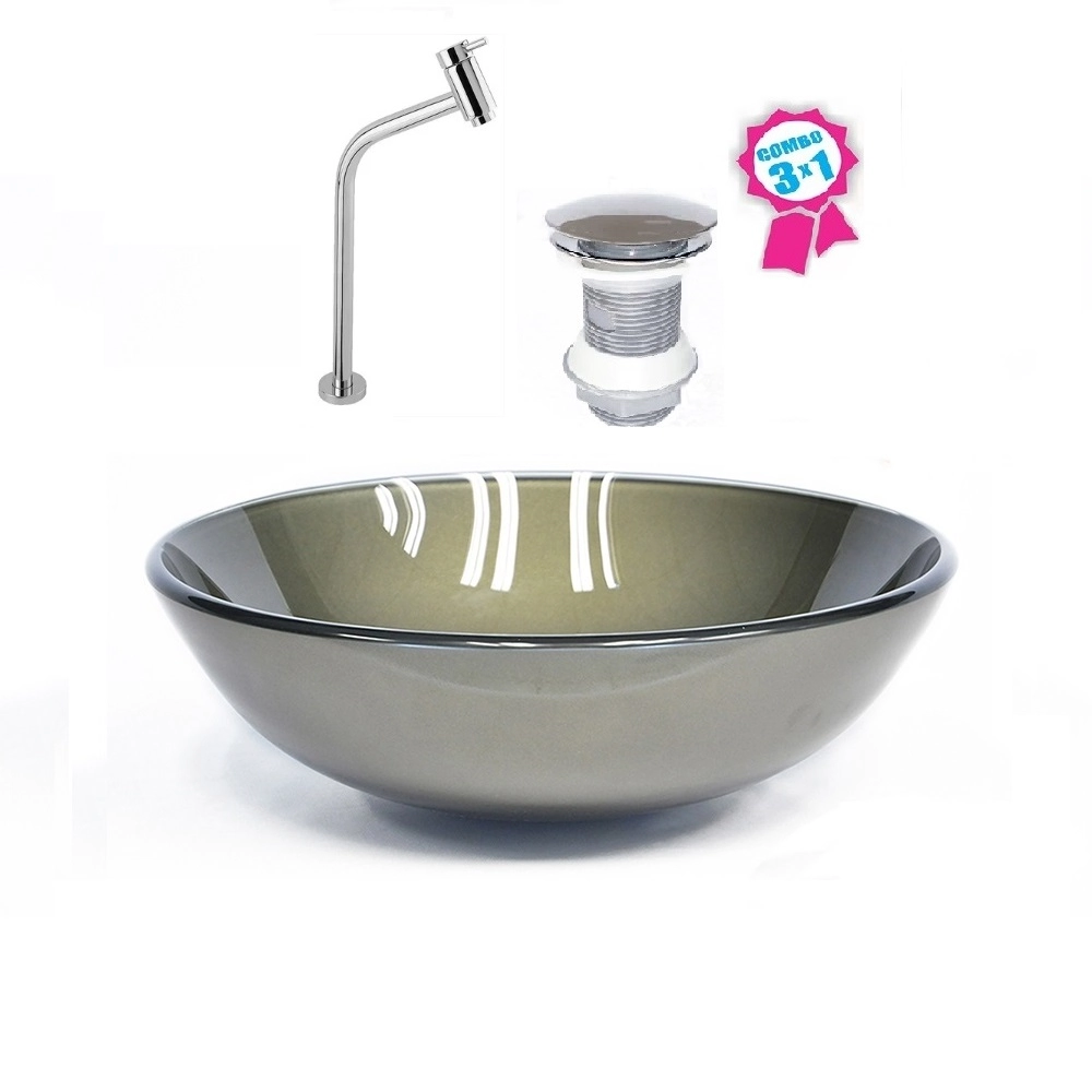 Cuba De Vidro Redonda 31cm Ouro Envelhecido + Válvula Click + Torneira De Metal