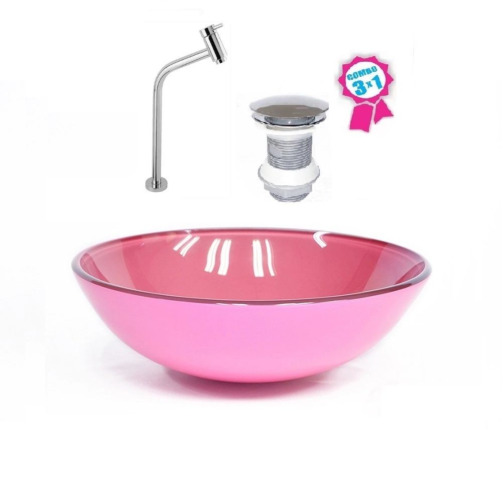 Cuba De Vidro Redonda 31cm Rosa + Válvula Click + Torneira De Metal