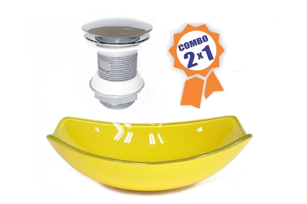 Cuba De Vidro Oval Chanfrada 51cm Amarela + Valvula Click