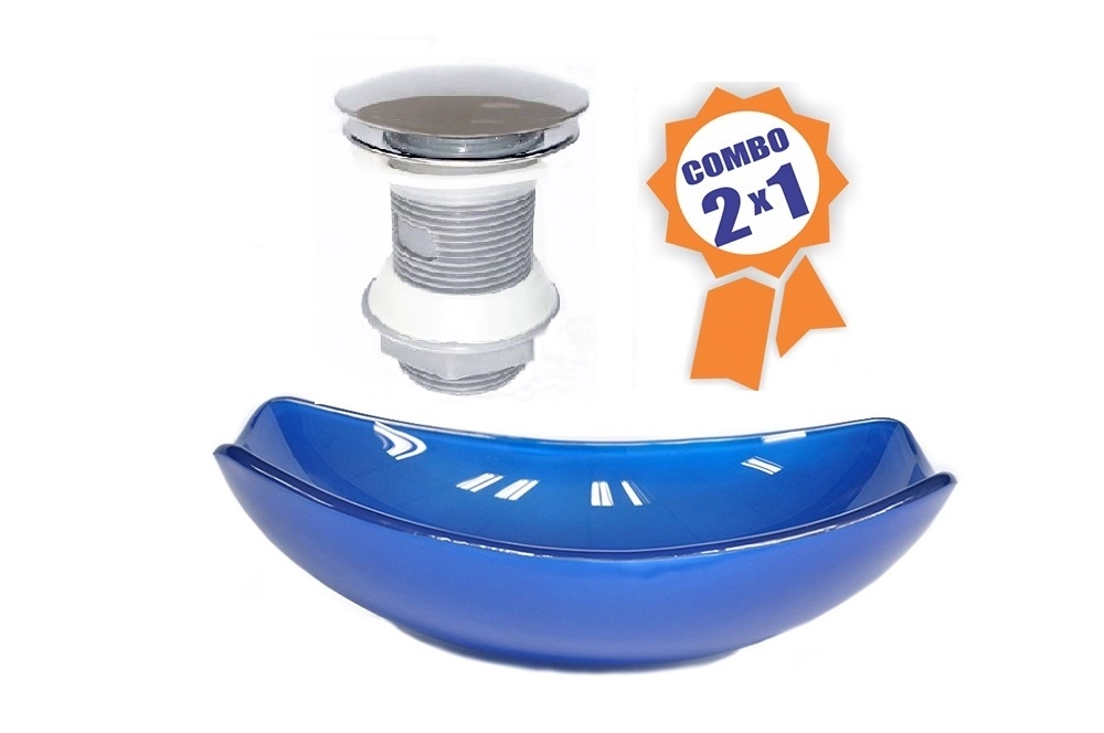 Cuba De Vidro Oval Chanfrada 51cm Azul Escuro + Valvula Click