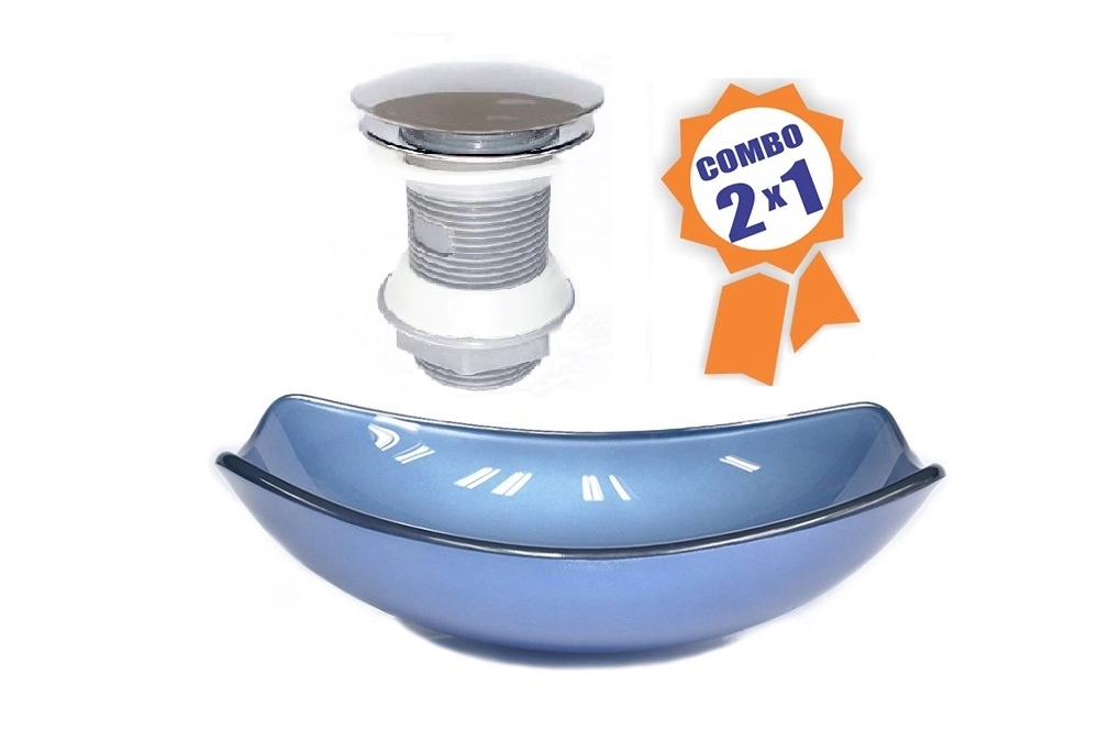 Cuba De Vidro Oval Chanfrada 51cm Azul + Valvula Click