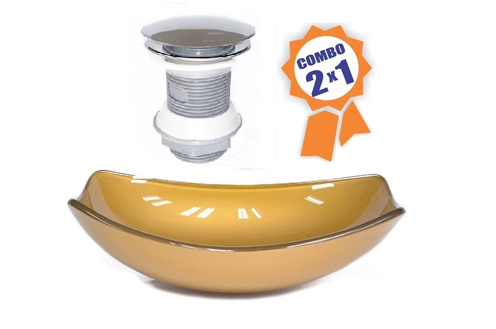 Cuba De Vidro Oval Chanfrada 51cm Dourado Real + Valvula Click