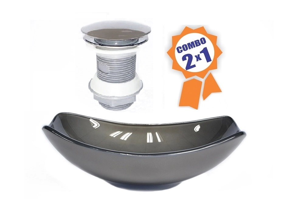 Cuba De Vidro Oval Chanfrada 51cm Grafite + Valvula Click