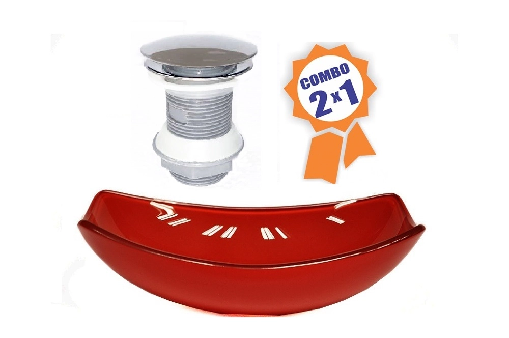 Cuba De Vidro Oval Chanfrada 51cm Vermelho Cereja + Valvula Click