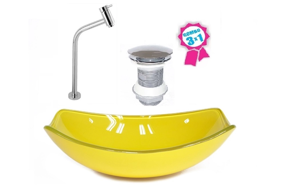 Cuba De Vidro Oval Chanfrada 51cm Amarela + Valvula Click + Torneira Metal