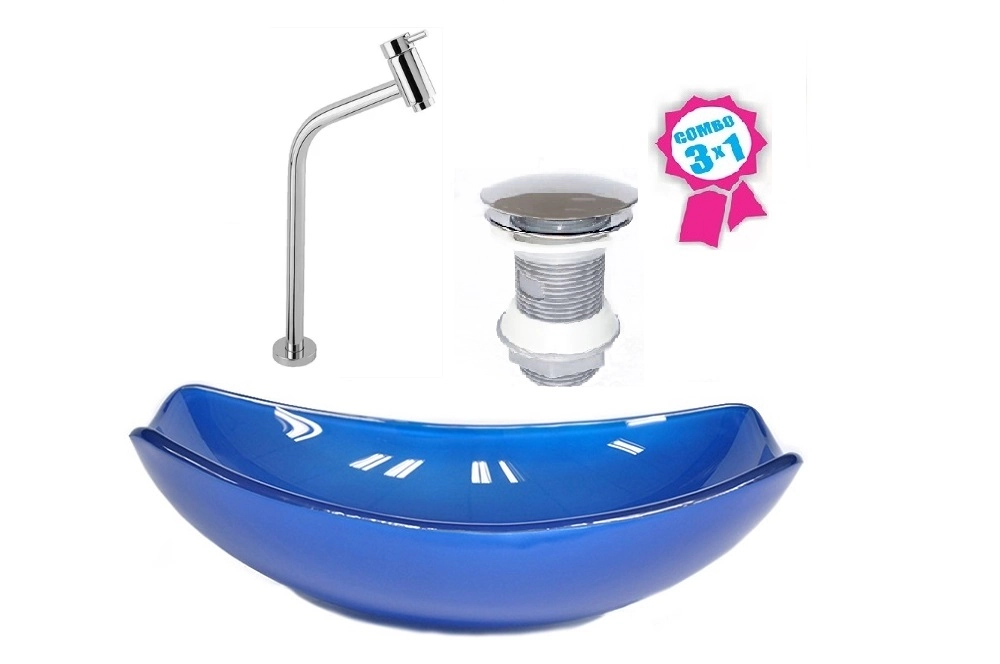 Cuba De Vidro Oval Chanfrada 51cm Azul Escuro + Valvula Click + Torneira Metal
