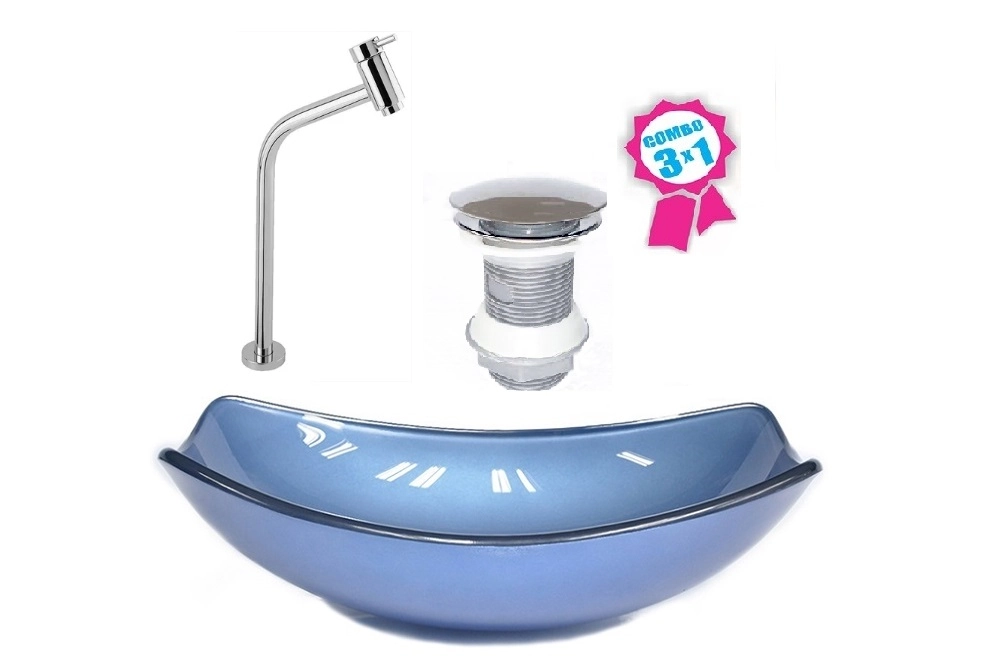 Cuba De Vidro Oval Chanfrada 51cm Azul + Valvula Click + Torneira Metal
