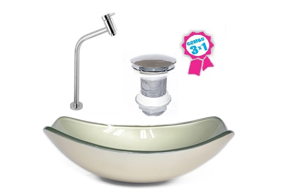 Cuba De Vidro Oval Chanfrada 51cm Champanhe + Valvula Click + Torneira Metal