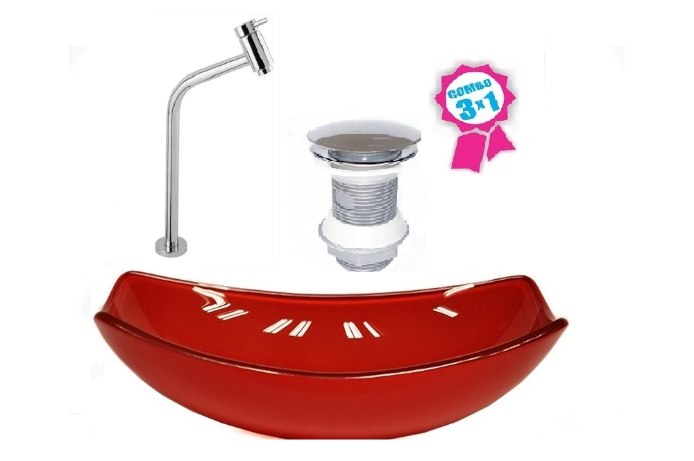 Cuba De Vidro Oval Chanfrada 51cm Vermelho Cereja + Valvula Click  + Torneira Metal